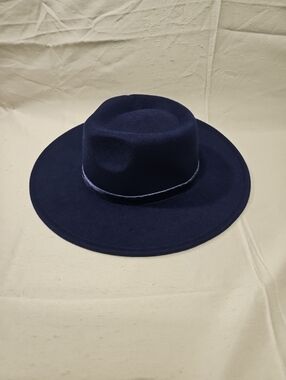 Wide Brim Felt Fedora Hat - Navy Blue